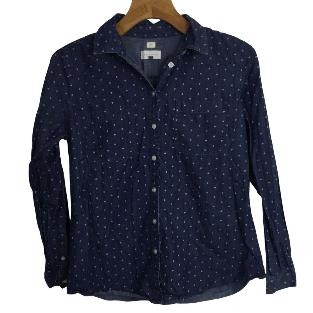 Ann Taylor LOFT Womens Heart Print Button-Up Chambray Softened Shirt Blue Medium